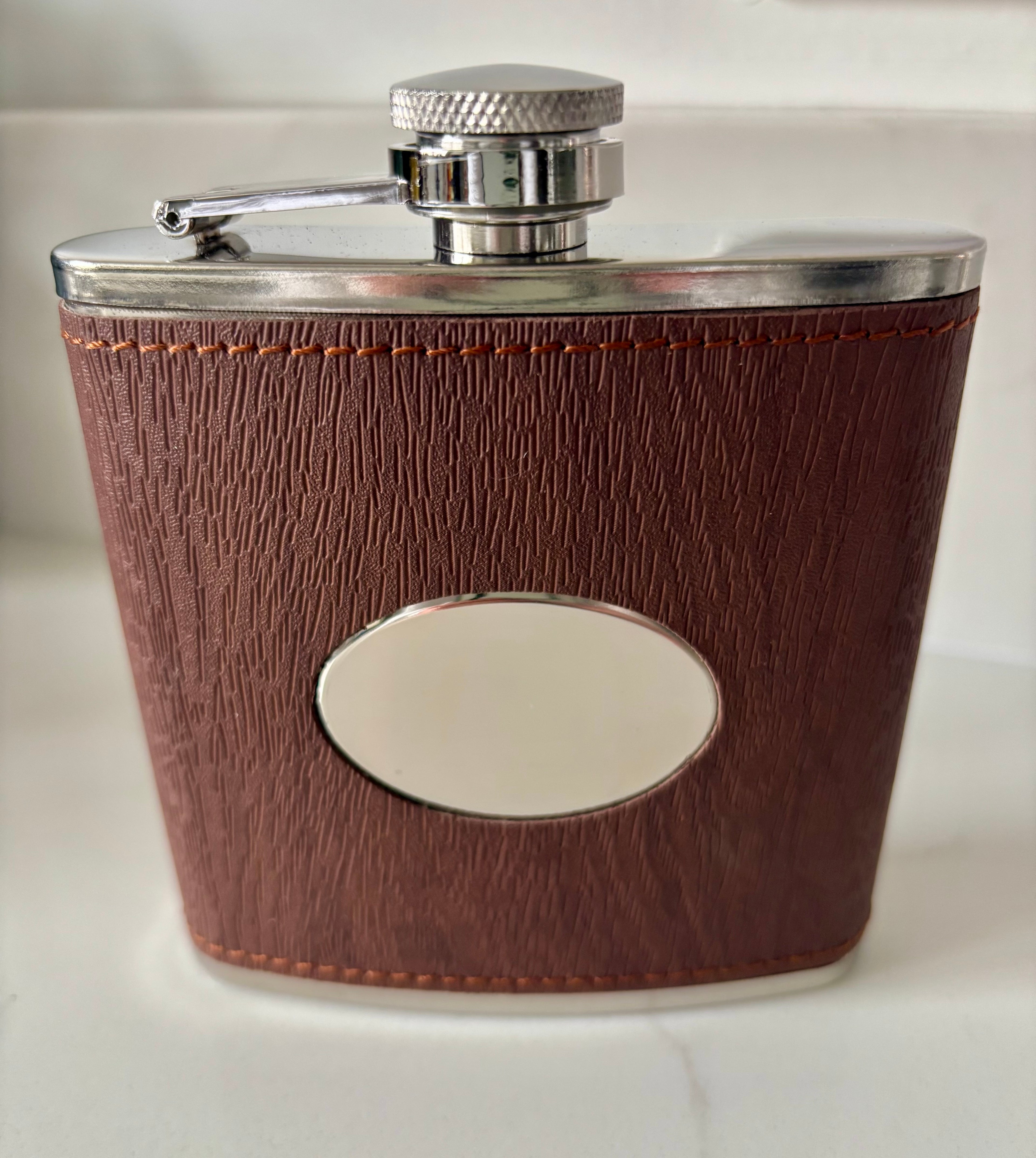 Personalised 6oz Dark Wood Oval Plate Hip Flasks